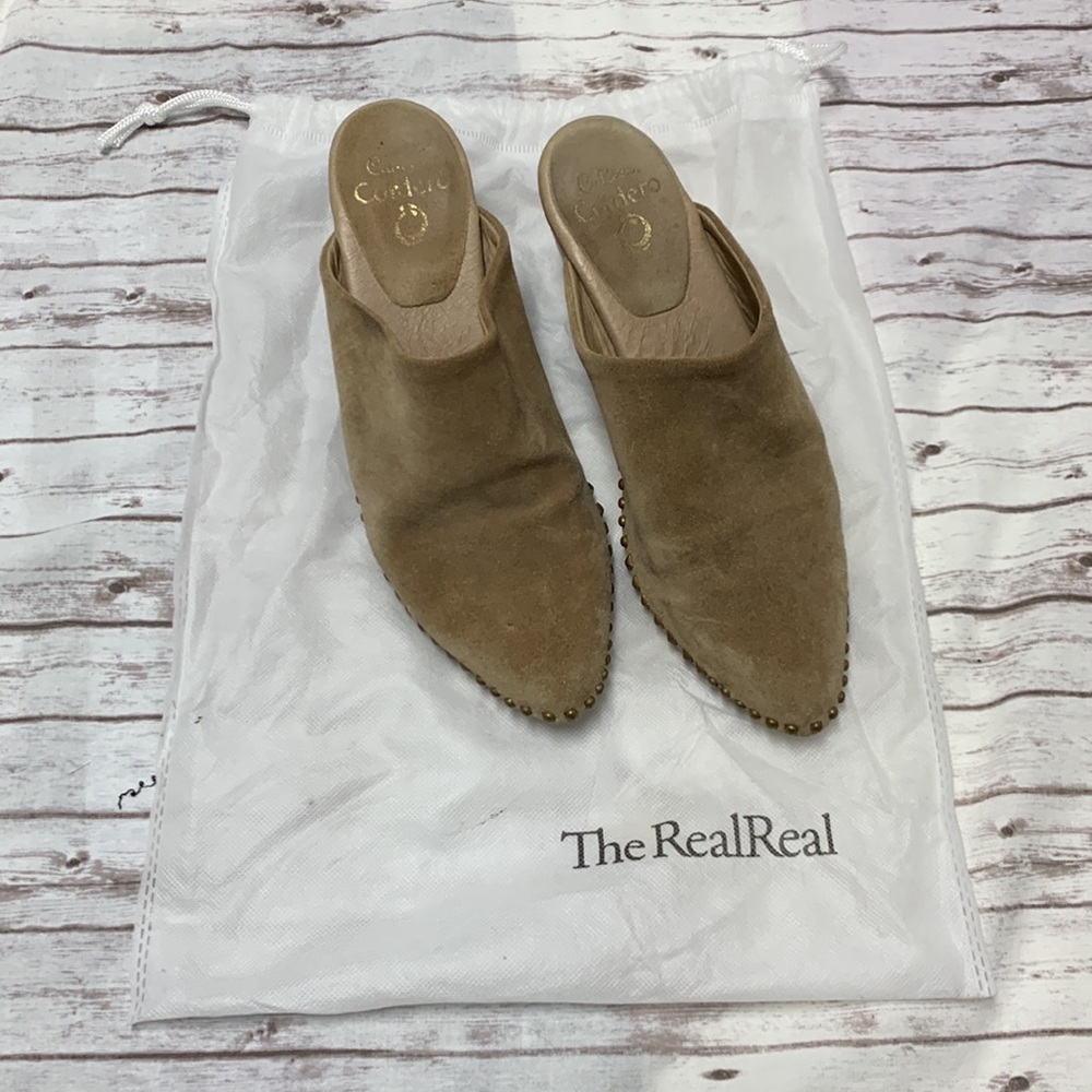 Carlleen Cordero Tan Suede Leather Slip On Block Mid Heels Studs Slip On Clogs - Picture 3 of 10